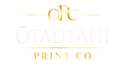 Full Ōtautahi Print Co wordmark logo with gold serif lettering with no background.